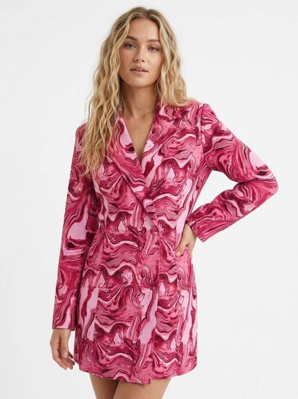 Barbiecore Y2K Pink Red Marble Swirl Print Long Sleeve Blazer Mini Dress Medium